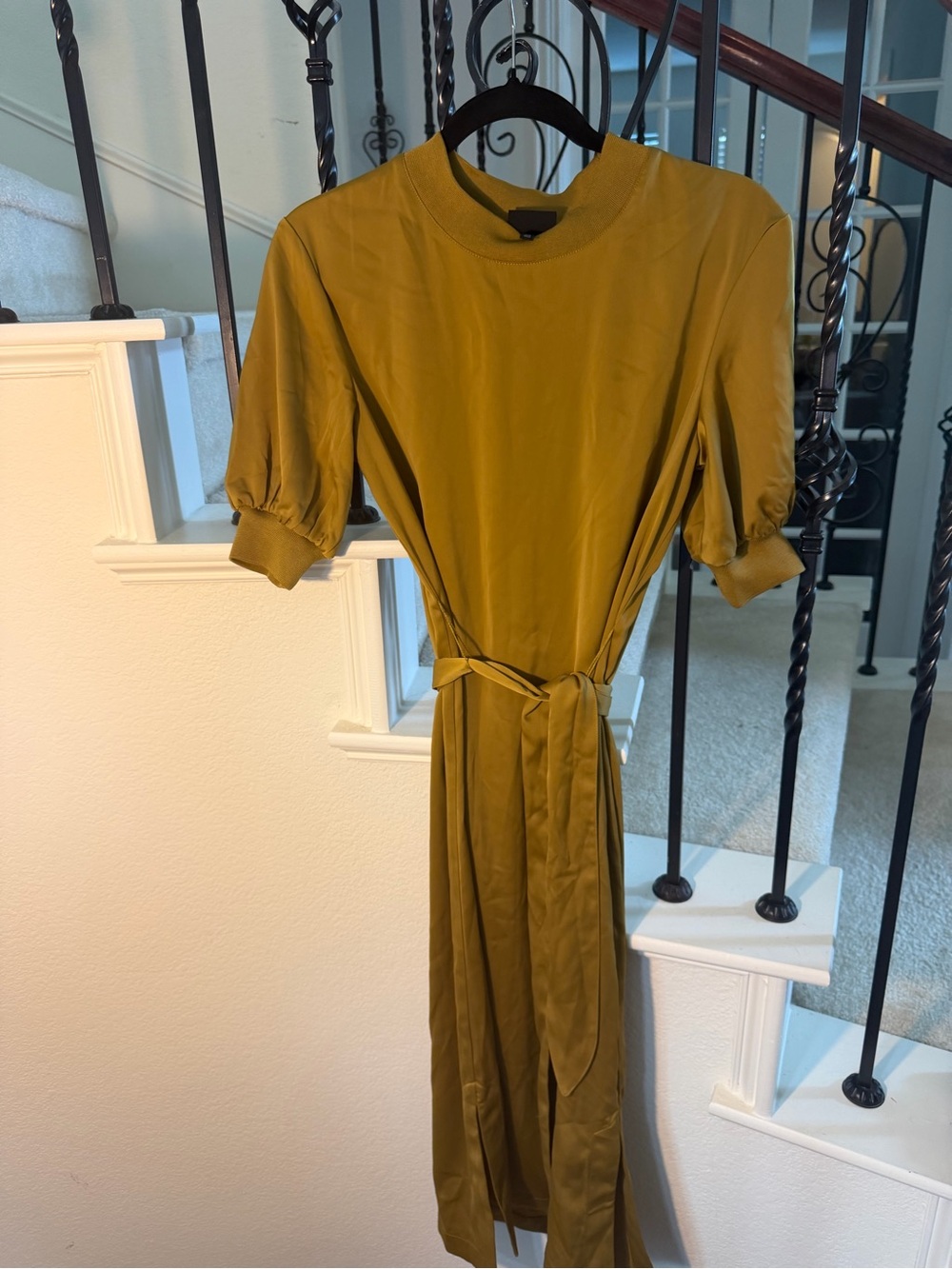 Who What Wear Olive Midi Dress with Puff Sleeves and Waist Tie